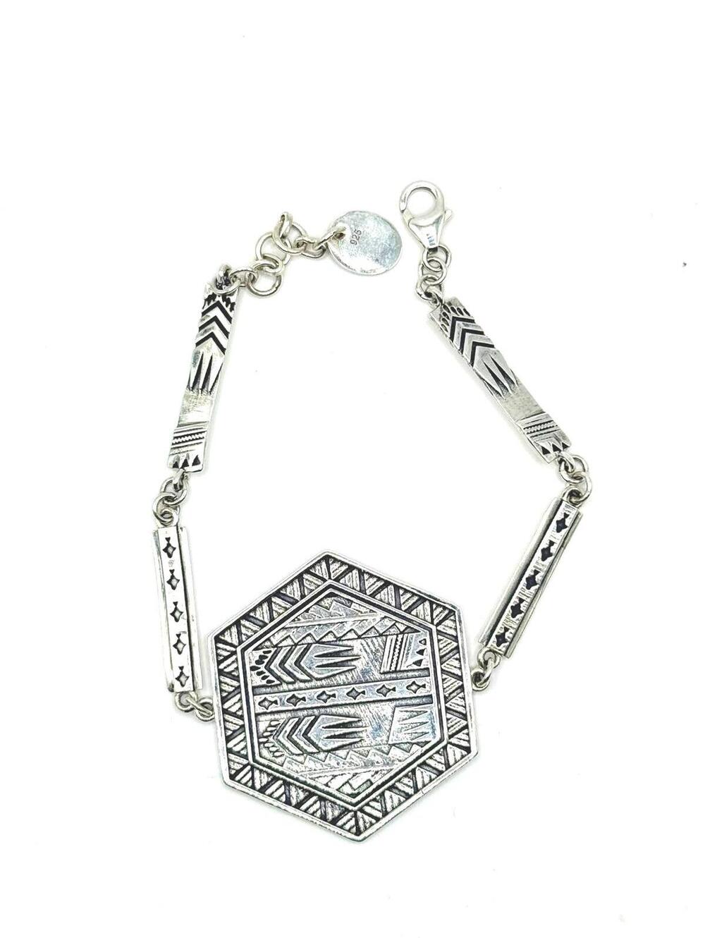 6-8" Vintage Hopi Style Sterling Silver 925 Hexagon Tribal Overlay Bracelet
